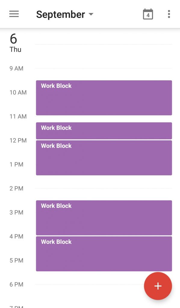 Screenshot of work block calendar technique