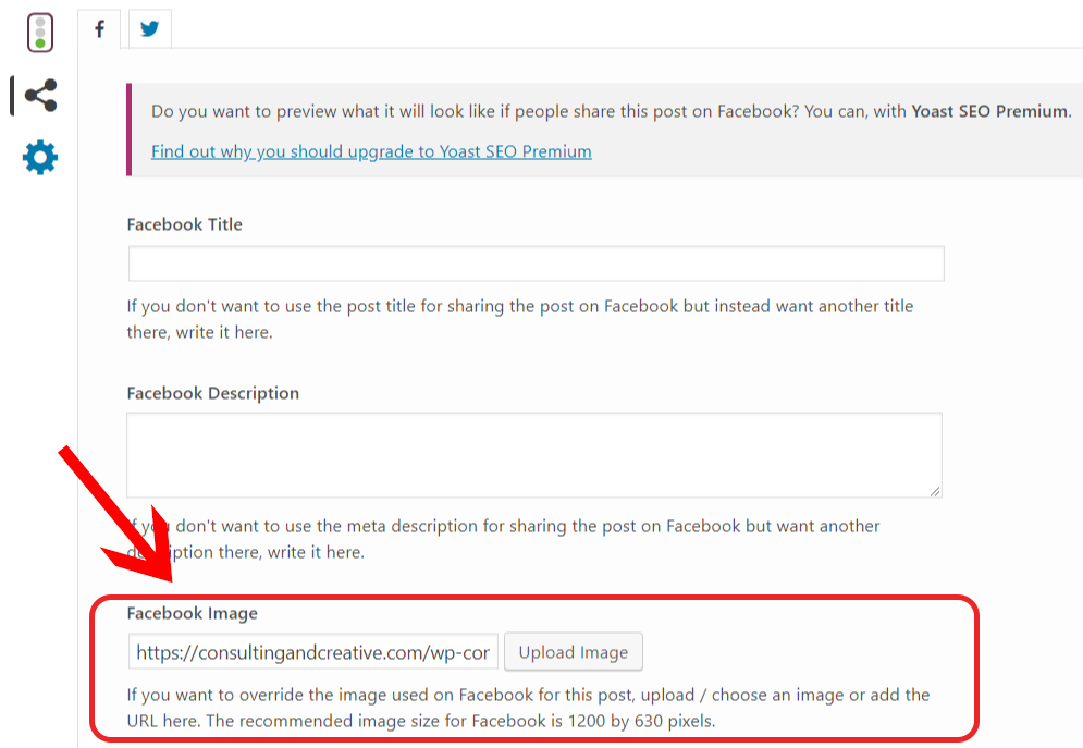 Facebook Open Graph Image Link Preview settings box in Yoast SEO